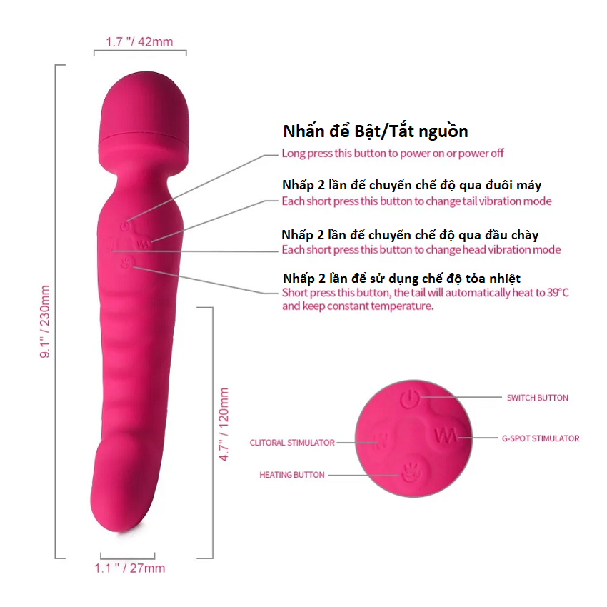 Chày rung 2 đầu mềm dẻo linh hoạt tỏa nhiệt làm ấm 39.5 độ 6